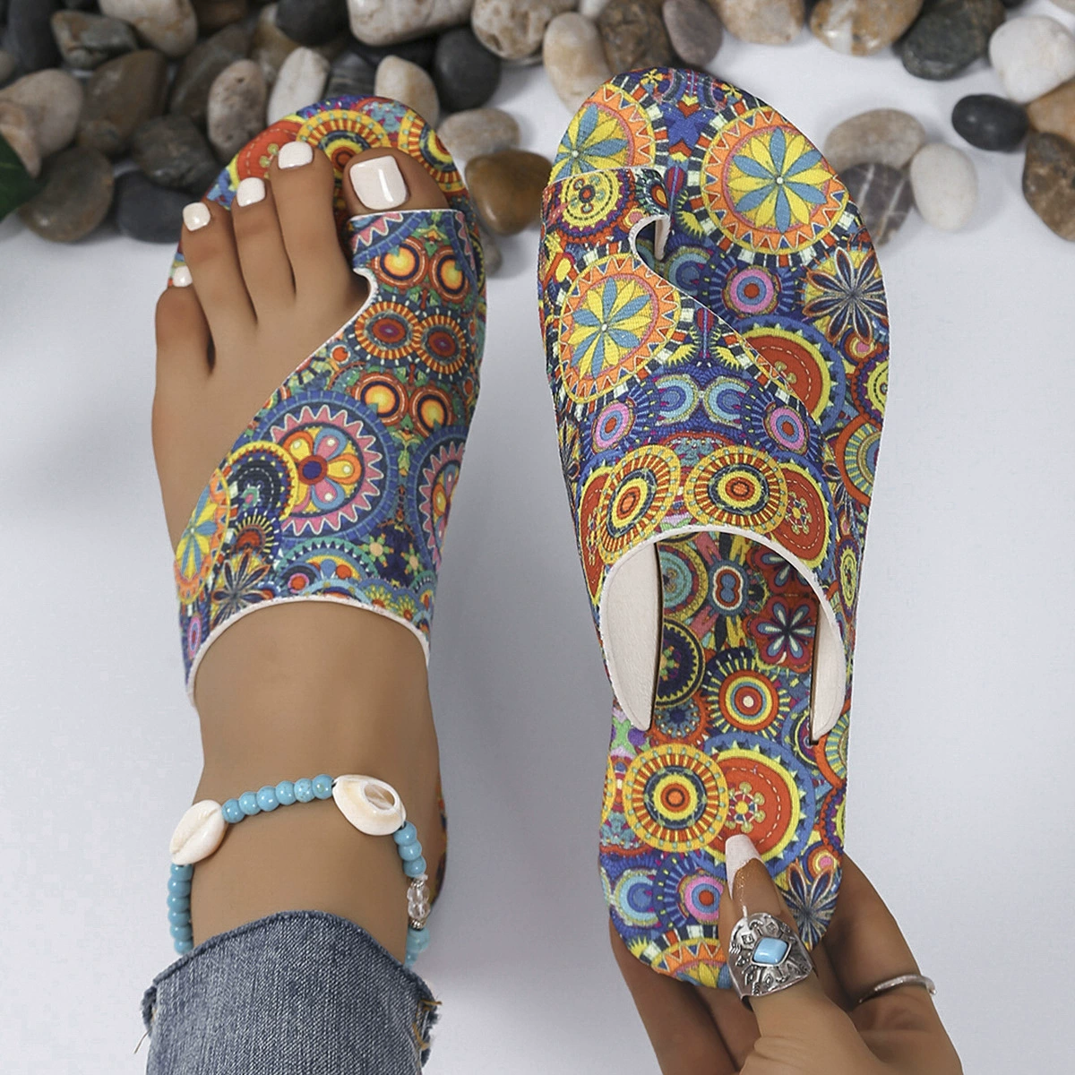 Женские плоские тапочки в этническом стиле больших размеров, новинка 2024 года, дышащие, с принтом, в римском стиле (для трансграничных продаж)