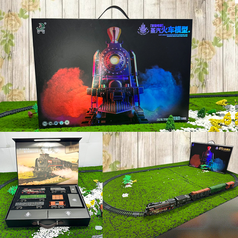 レトロな蒸気の小さい列車は高速鉄道の駐車場の子供の男の子の電動の軌道のおもちゃのノスタルジックな模型をシミュレーションします。