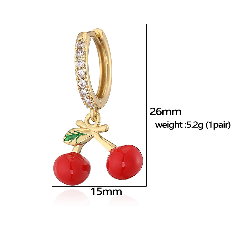 6g Weight Copper Ear Needle Material Zircon Inlay Material Charm Sleeper Hoop Earrings, Earrings Classification 1 Pair Quantity Holiday, Banquet, Daily Occasion Copper Material Cherry, Heart Shape Pattern Women's Gender Inlay Design Sweet Style 1 Pair Sweet Cherry Heart Shape Inlay Copper Zircon Earrings 9