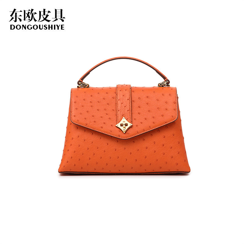 26 Cross-Border New Model Ostrich Leather Lock Handbag for Women, Fashionable and Trendy Women's Light Luxury Handbag, Genuine Leather Crossbody Bag