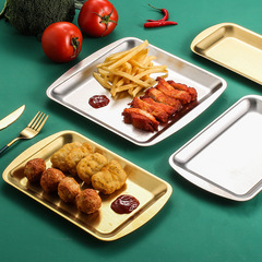 304韓式不鏽鋼盤長方形盤金色托盤工藝品擺盤平底燒烤盤方盤餐廳