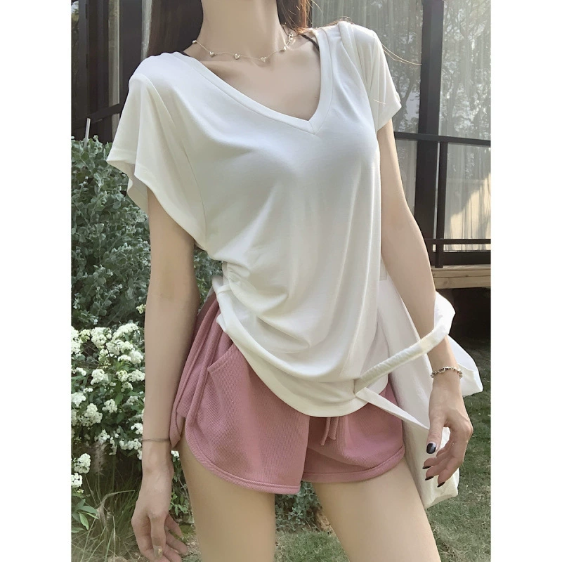 Реальный снимок и реальная цена. Летняя свободная элегантная плиссированная футболка в корейском стиле с v-образным вырезом, универсальная футболка из лиоцелла и тенселя с короткими рукавами для женщин.