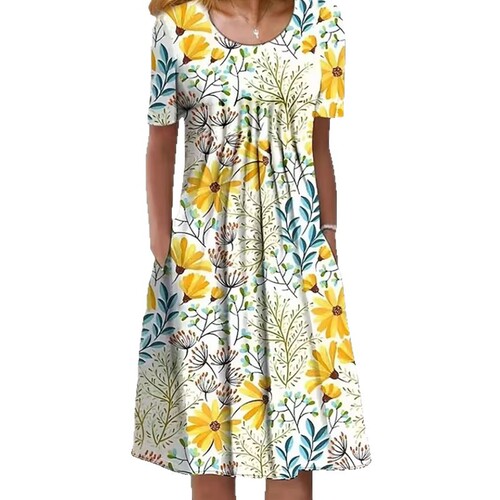 Wish Spring and Summer Floral Print Round Neck Pouch Mini Dress for Women