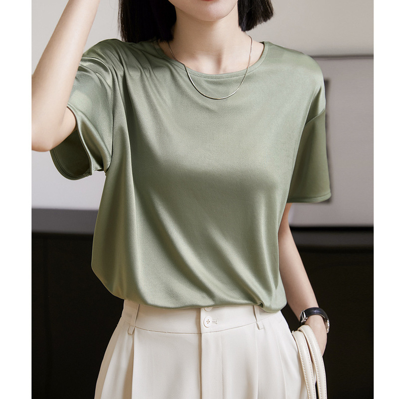 Triacetate Glossy Heavyweight T-Shirt in 3 Colors, High-End Feel, Round Neck Short-Sleeve Top, 2026 Summer New Women's Fashion, White