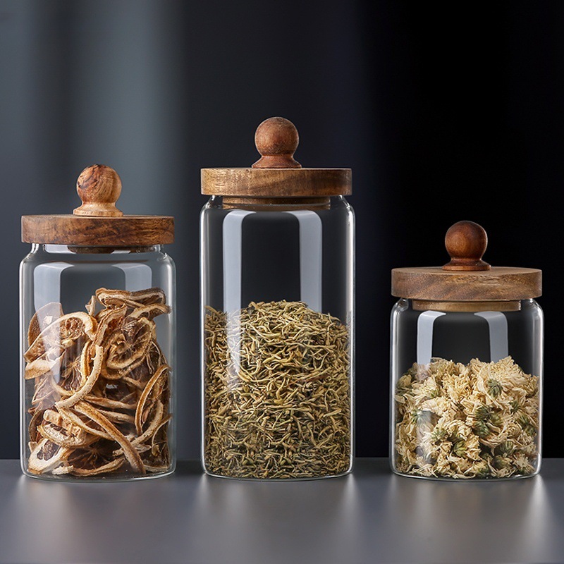 Wooden Bead Lid Storage Jar Kitchen Grain Round Simple High Borosilicate Glass Tea Coffee Bean Dried Fruit Snack Jar