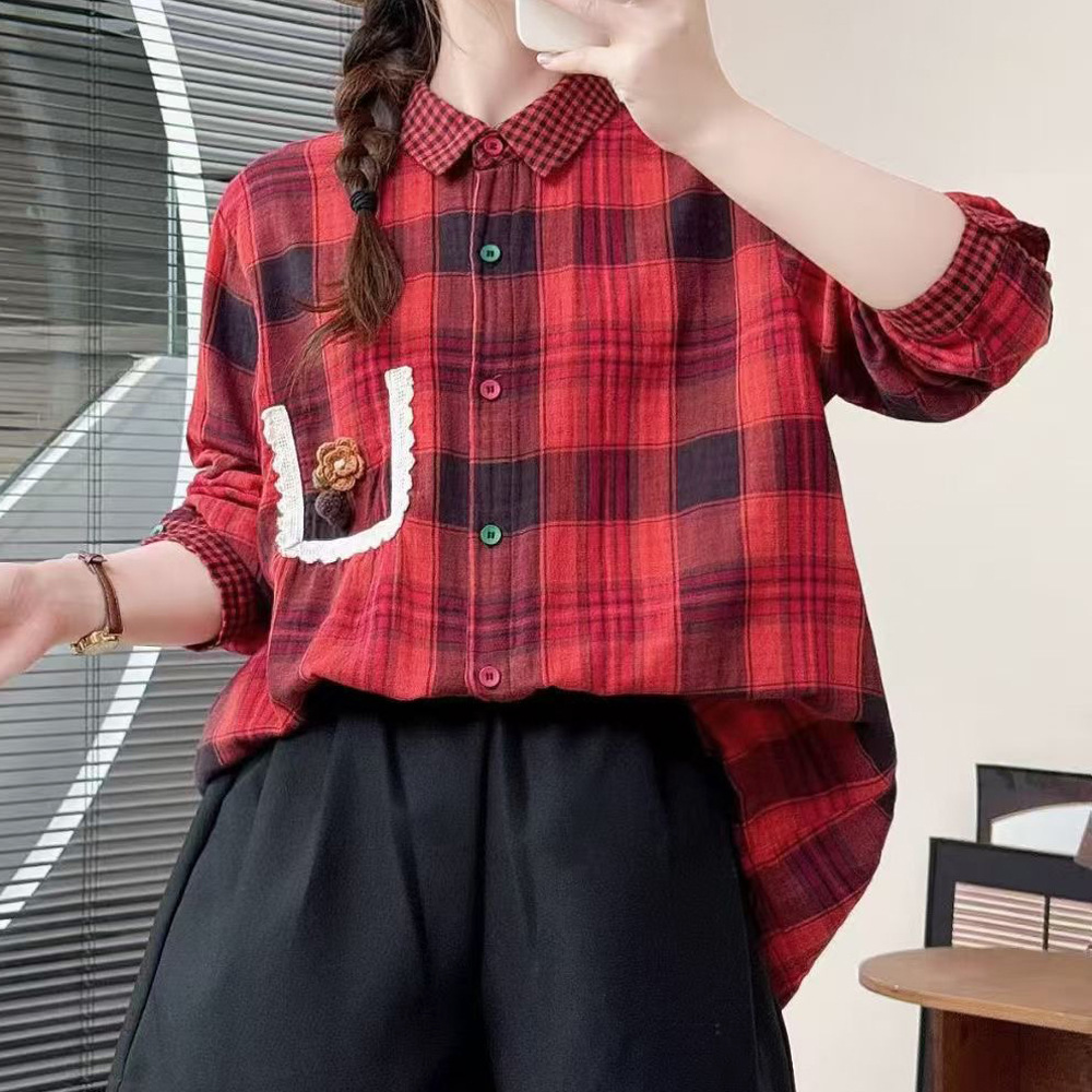 双层棉纱蕾丝衬衫文艺英伦风森女系宽松中长款格子棉纱衬衫女长袖