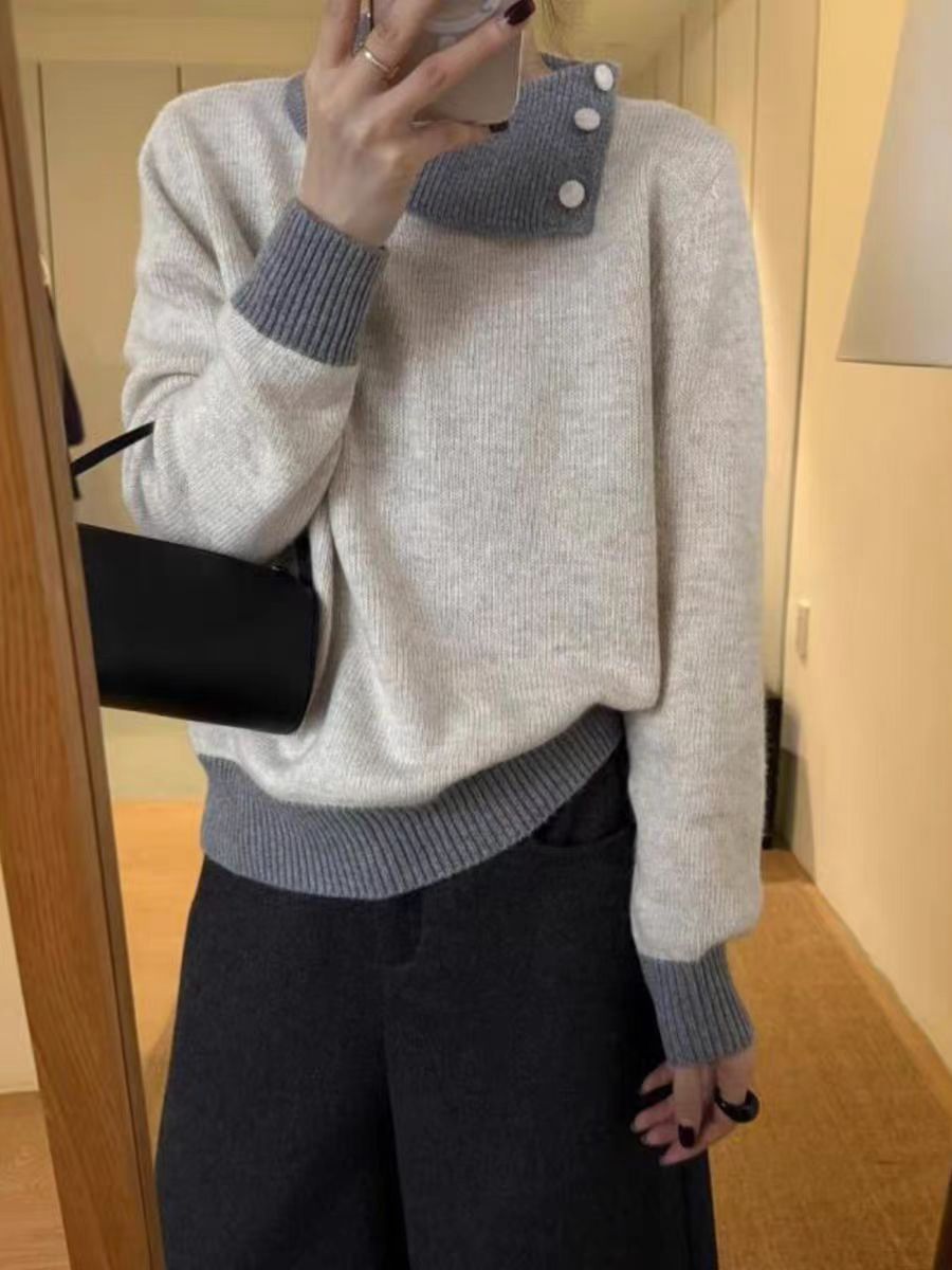 Suéter suelto de polvo de frambuesa glutinosa suave empalmado, mujer otoño-invierno coreano con collar de punto con una gorra elegante