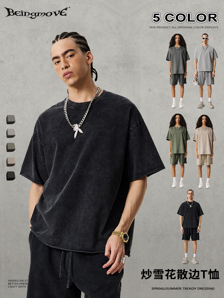 2025 verano Europa y América alta calle interior de alta sensación de alto nivel de estilo neutral rizado de manga corta adolescente camiseta de cuello redondo camiseta publicitaria hombre