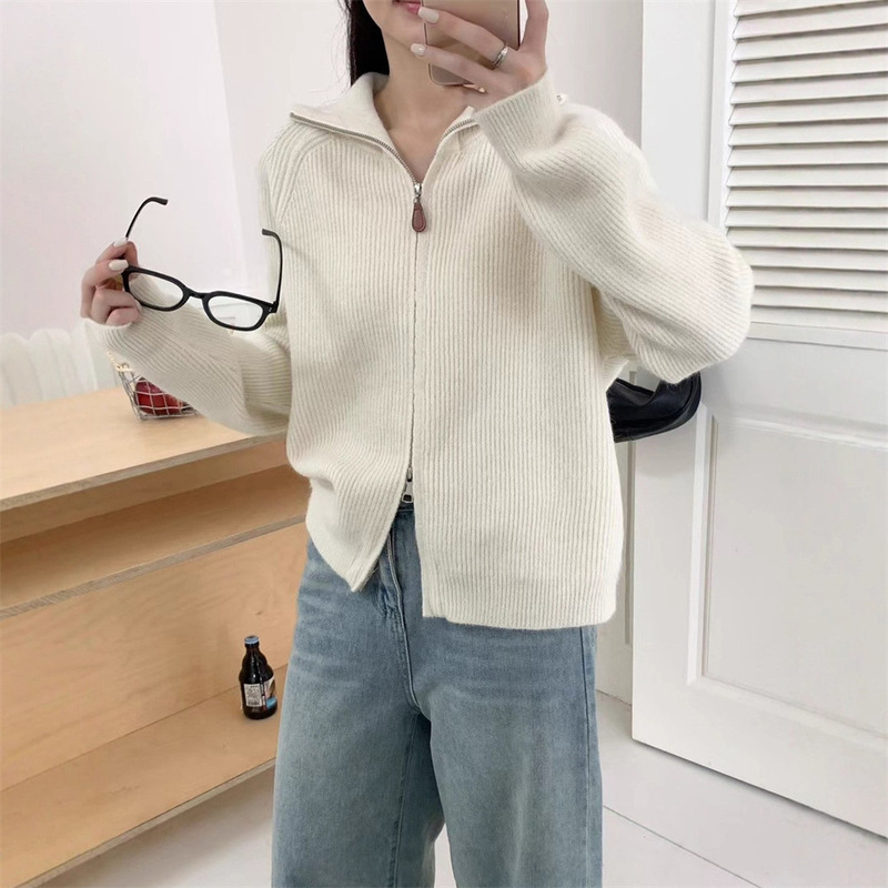 双拉链毛衣外套女秋冬新款设计感翻领宽松加厚针织开衫外穿上衣女|undefined