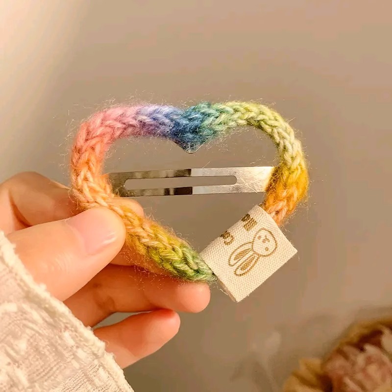 彩虹色编织毛线星星爱心发夹女甜美百搭刘海夹前额侧边碎发卡发饰|undefined