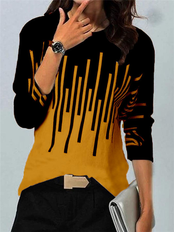 Ropa de mujer transfronteriza europea y americana compatible con varias plataformas, nueva camiseta de manga larga con cuello redondo y estampado de posicionamiento en contraste