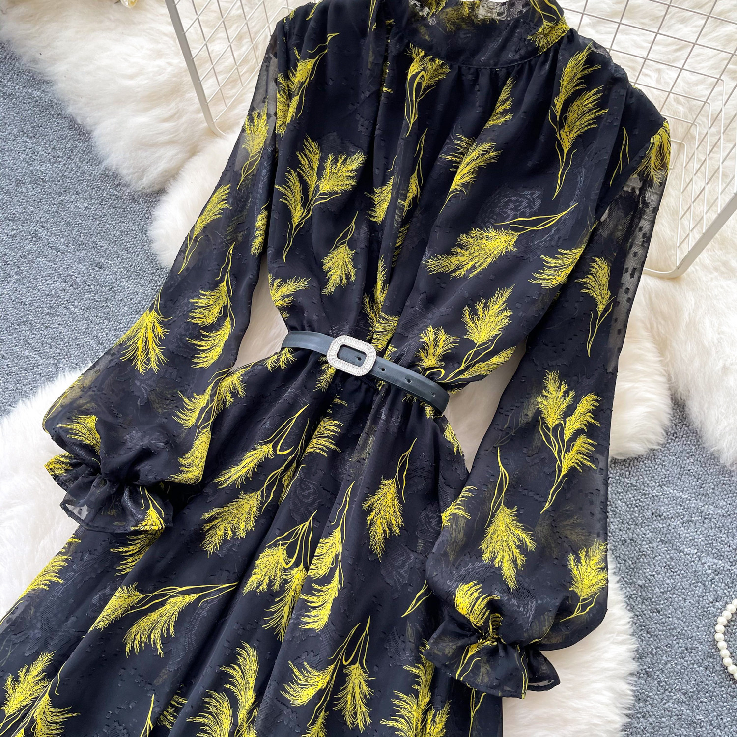 Retro Print Stand Collar Long Sleeve Dress Korean Style Slim Fit Waist Cinching A Line Elegant Long Dress For Women Summer Commuting_ecoleips.com