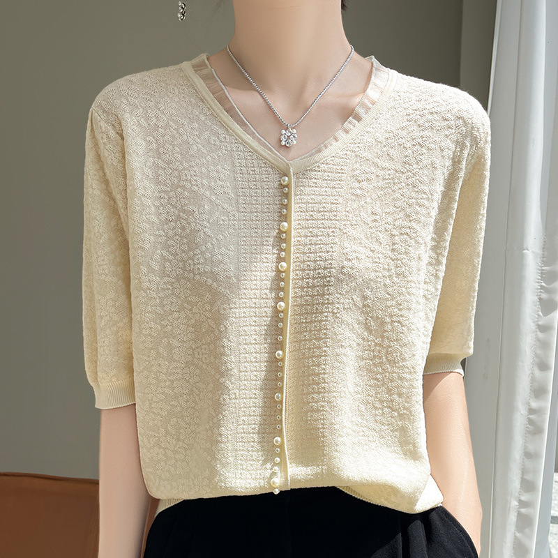 24 New Summer Style New Chinoiserie Beaded Jacquard Tencel Lyocell Knitwear Short-Sleeved Bottoming Shirt Top