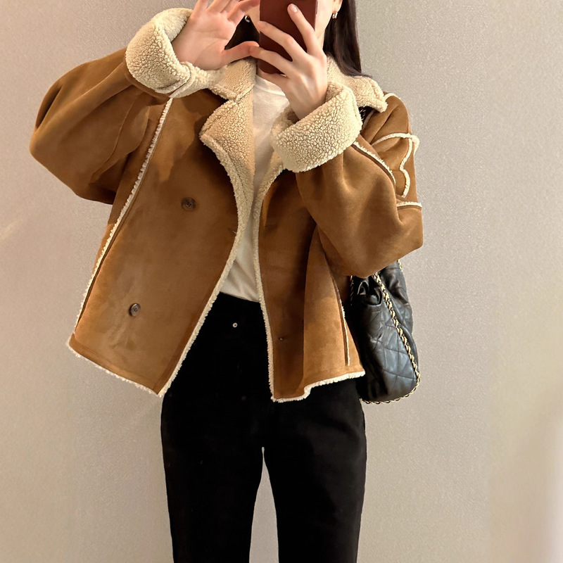 Korean Chic Autumn Retro British Style Lamb Wool Lapel Double-Breasted Loose Versatile Long-Sleeve Leather Jacket for Women Korean Chic Autumn Retro British Style Lamb Wool Lapel Double-Breasted Loose Versatile Long-Sleeve Leather Jacket for Women