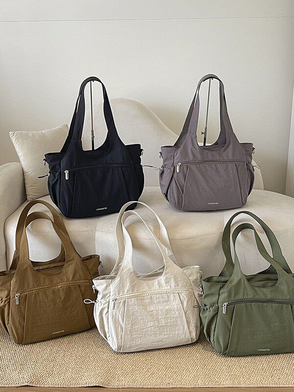 Túi tote nữ cỡ lớn chất liệu nylon nhẹ, túi đeo vai và đeo chéo tiện lợi — Khói tím, Quân đội xanh, màu be, màu nâu