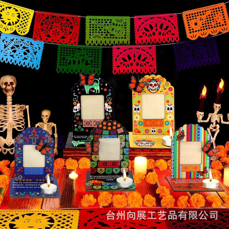 Day of the Dead Wooden Photo Frame Set Mexican Style Halloween Commemorative Skull-Shaped Desktop Wooden Display Ornament