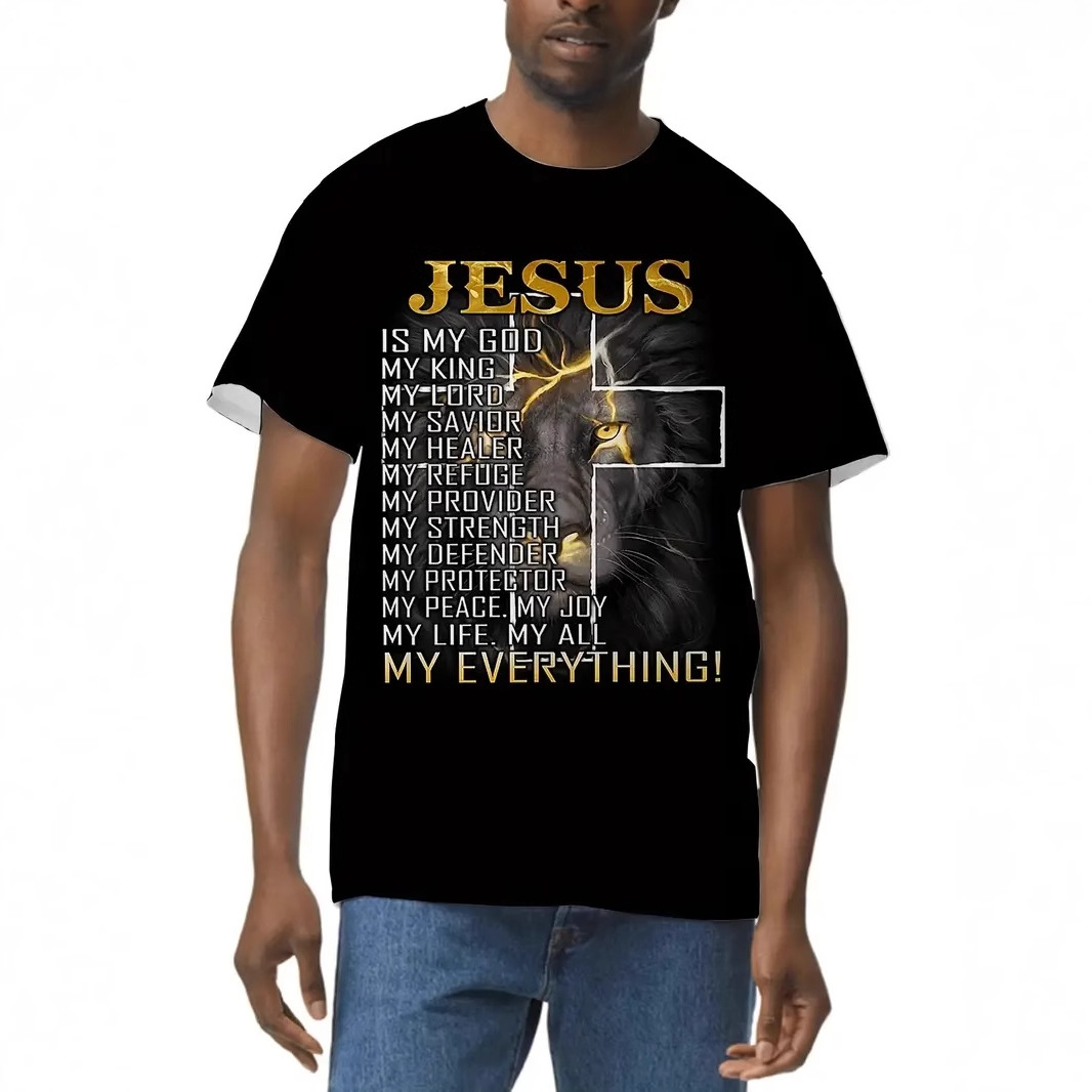 Lightning Lion Pascua Jesús Lema 3D Impreso Moda de verano para hombres Camiseta suelta transpirable de manga corta con cuello redondo