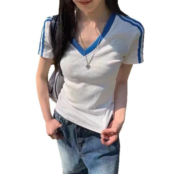 High Version ~ Shoulder Three Bars V-neck Contrast Color Pure Cotton Short Sleeve T-shirt Women's Summer American Spice Girls Short Slim Fit Top