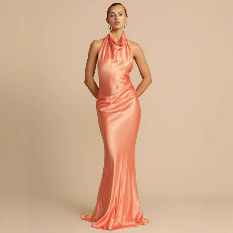 2025 European and American Cross-border Women's Backless Split Sexy Elegant dress Solid Color Neck Long Dress Satin New