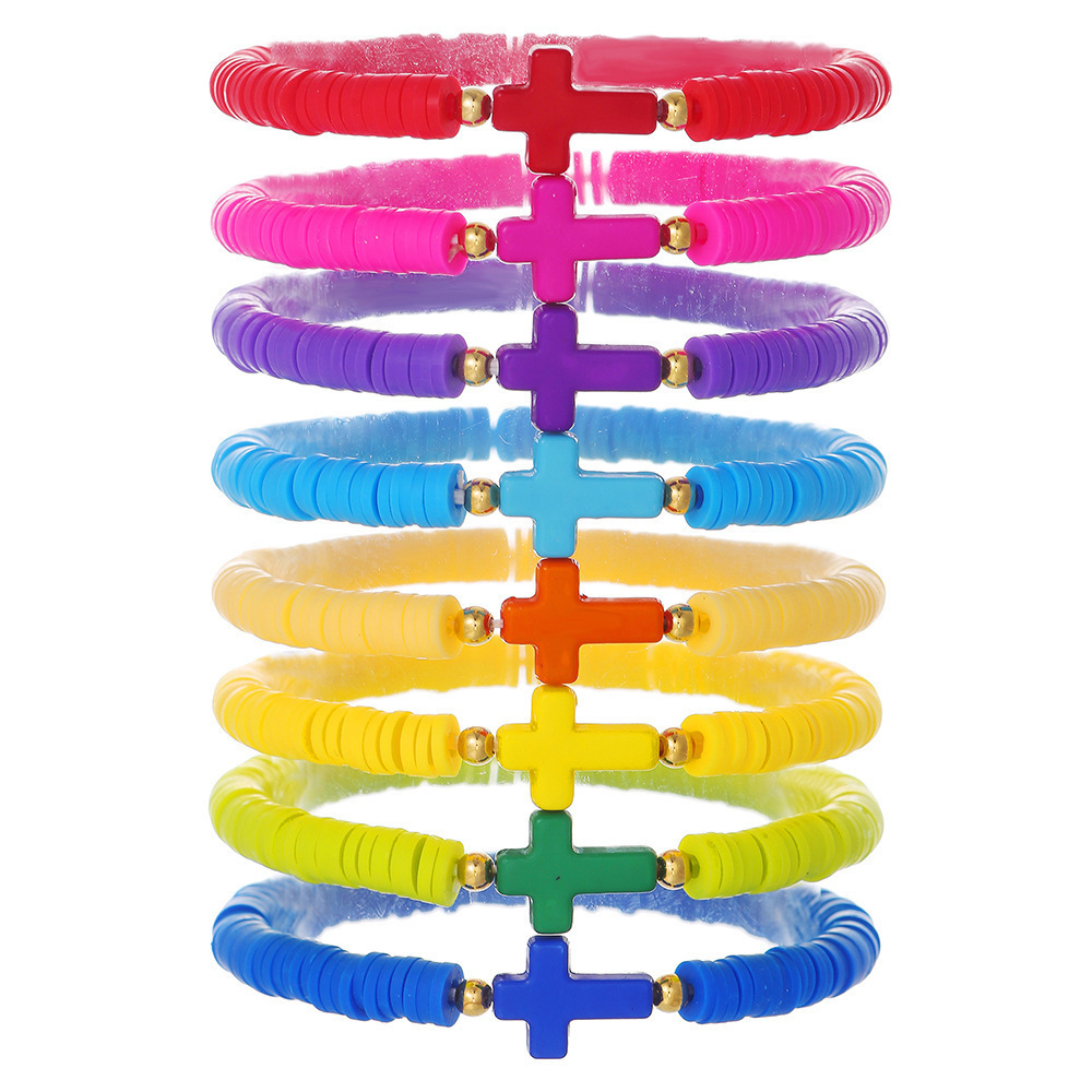 Amazon Hot Selling Boho Style Color Love Cross Soft Pottery Couple Bracelet suit Summer Oil White