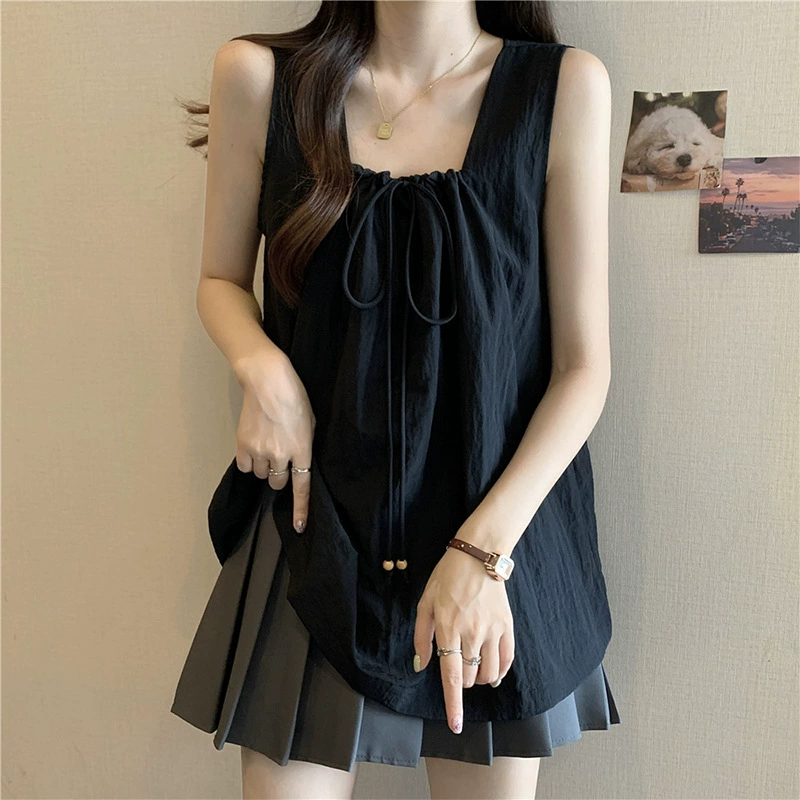 Женская летняя верхняя одежда больших размеров из французского шифона на шнуровке, топ без рукавов для похудения, топ без рукавов для малышей