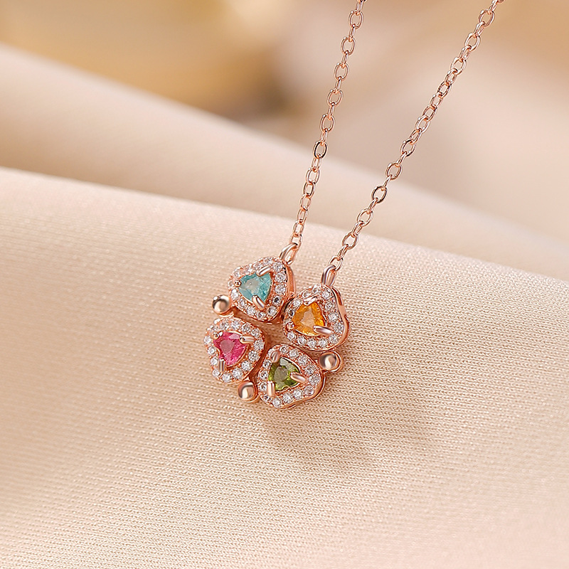 Mặt dây chuyền hình cỏ bốn lá tourmaline mạ vàng hồng bạc S925 kèm vòng cổ từ tính hình trái tim zirconium — Một mảnh (màu ngẫu nhiên của tourmaline) (bao gồm cả dây chuyền)