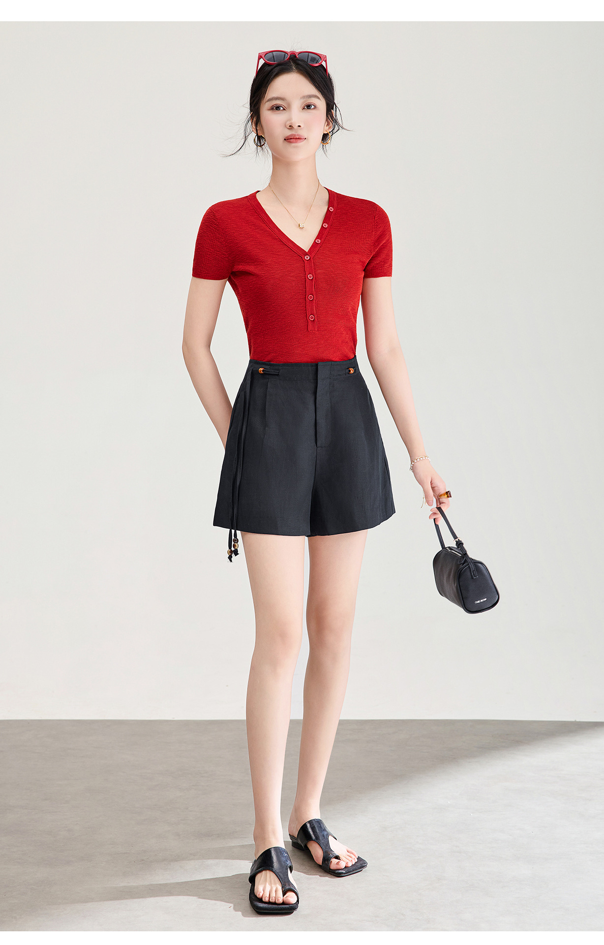 Quần short nữ cạp cao dây buộc phong cách quốc phong rộng thùng thình đính cườm — Xanh lông mòng đen chi tiết 17