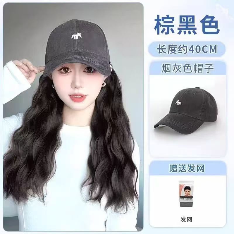 Sombrero peluca en una mujer cabello rizado largo otoño invierno nueva moda pequeño zorro bordado sombrero de béisbol con cubierta de cabello falso