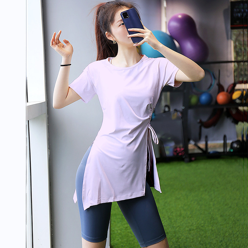 Long Fitness Clothes Women's Quick-drying Side Slit Cover Embarrassment and Anti-light Loose Sports Short-sleeved T-shirt Yoga Top for Summer