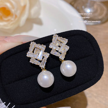 日韩气质个性锆石几何珍珠耳钉925银针轻奢简约耳环百搭精致耳饰