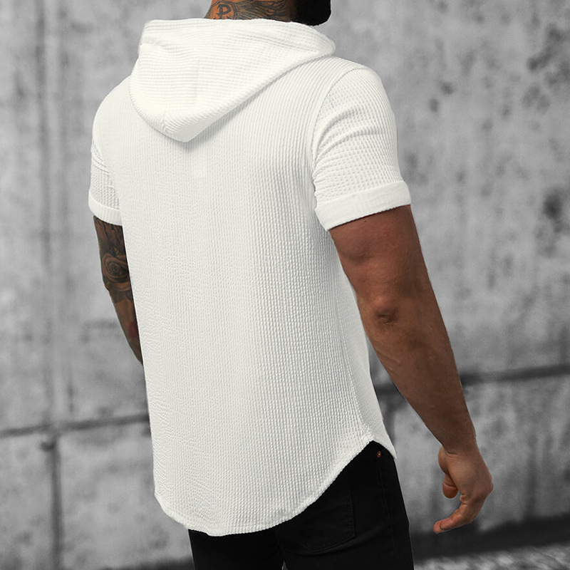 Tricou de vară bărbătesc alb pur cu glugă și frânghie, mânecă scurtă, 2024_voghion.com