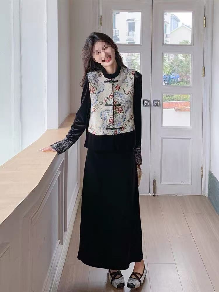 New Chinese Style Vest Dress Suit for Women, Spring & Fall Elegant, Velvet Improved Cheongsam Long Skirt Two-Piece Set