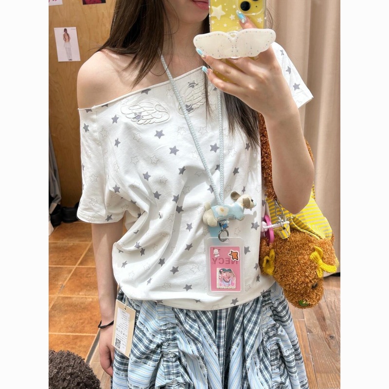 Sweet Hot Girl Pure Desire Star フルプリントオフショルダー Tシャツ女性用 2025 夏新作ニッチルーズオフショルダー半袖トップ|undefined