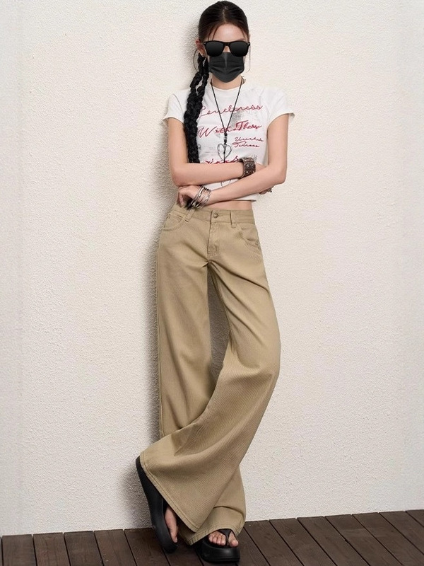 微喇牛仔裤女秋小个子牛仔不贴腿微喇裤女喇叭卡其色长裤显瘦|undefined