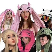 Tiktok跨境新品手工针织兔耳帽冰条毛线万圣节创意搞怪牛角成人帽