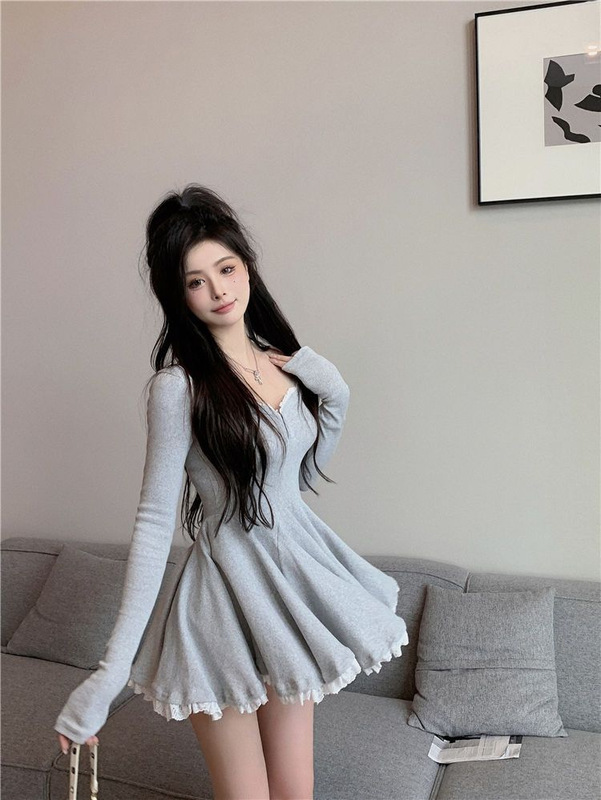 French Style Sexy Spice Girl Pure Desire Square Collar Long Sleeve Dress Women's Autumn New Arrival Short Waisted Skirt