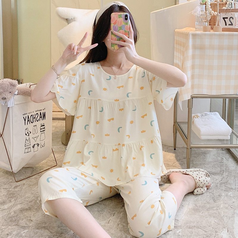 Pijamas de seda de algodón de manga corta de verano Estilo occidental de las mujeres aire acondicionado Delgado desgaste del hogar Chica japonesa dulce estudiante de algodón traje de seda