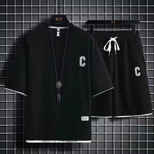 Summer Simple Short Sleeve Shorts suit All-match Loose Men's Casual suit Fashionable Five-point Sleeve Two-piece Set Wholesale