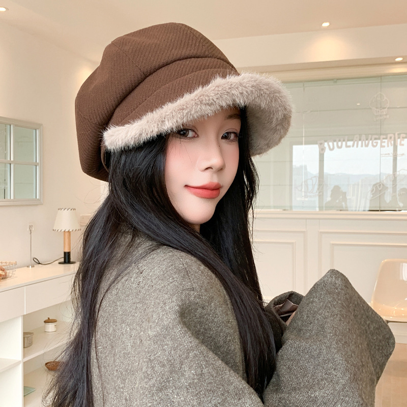 贝雷帽女秋冬季显脸小加绒保暖帽甜美百搭画家帽户外休闲八角帽韩|undefined