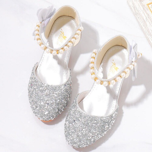 High heels, crystal performance princess shoes, dress, silver stage children's shoes, host kid's piano girls' leather shoes