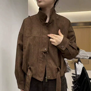 欧货高端宽松廓形短款麂皮绒外套女2025年秋季新款小个子机车上衣