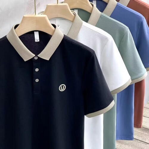 Summer New Short Sleeve Polo Shirt Ice Silk Foreign Trade Paul Shirt Gold Thread Color Block Collar Men's Half Sleeve T-Shirt