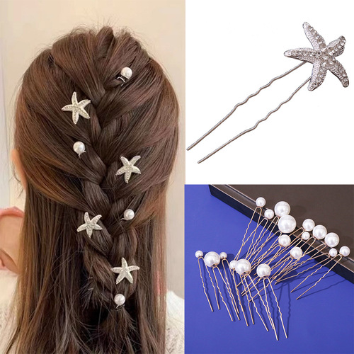 Pearl hairpin braided hairpin hairpin embellished hair accessories bridal headdress u-shaped pin starfish simple temperament hairpin