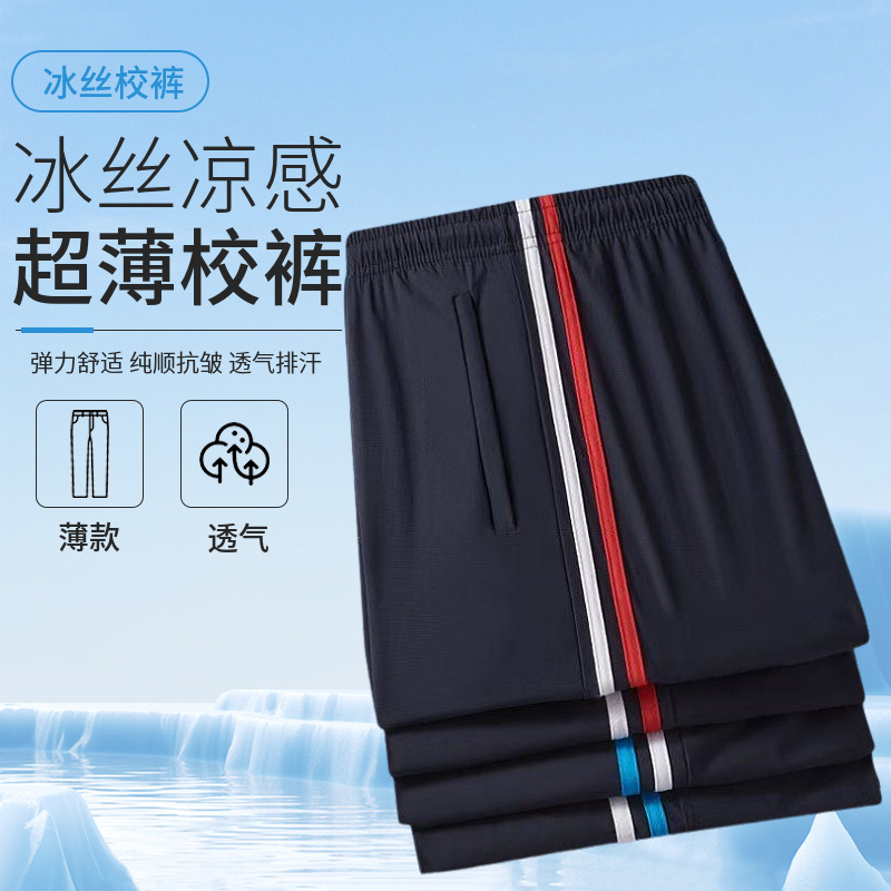 Ice Silk Quick-Drying School Uniform Pants Navy Blue Two Stripes Red and White Stripes Summer Primary School Students' School Pants Ultra-Thin Sports Pants