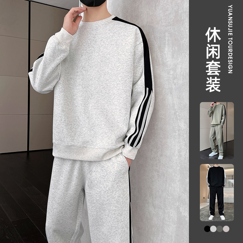 Black Round Neck Sweatshirt Suit Men's Spring and Autum Trendy Brand 2024 New Autum Sports and Leisure Heavy Sweatpants Set