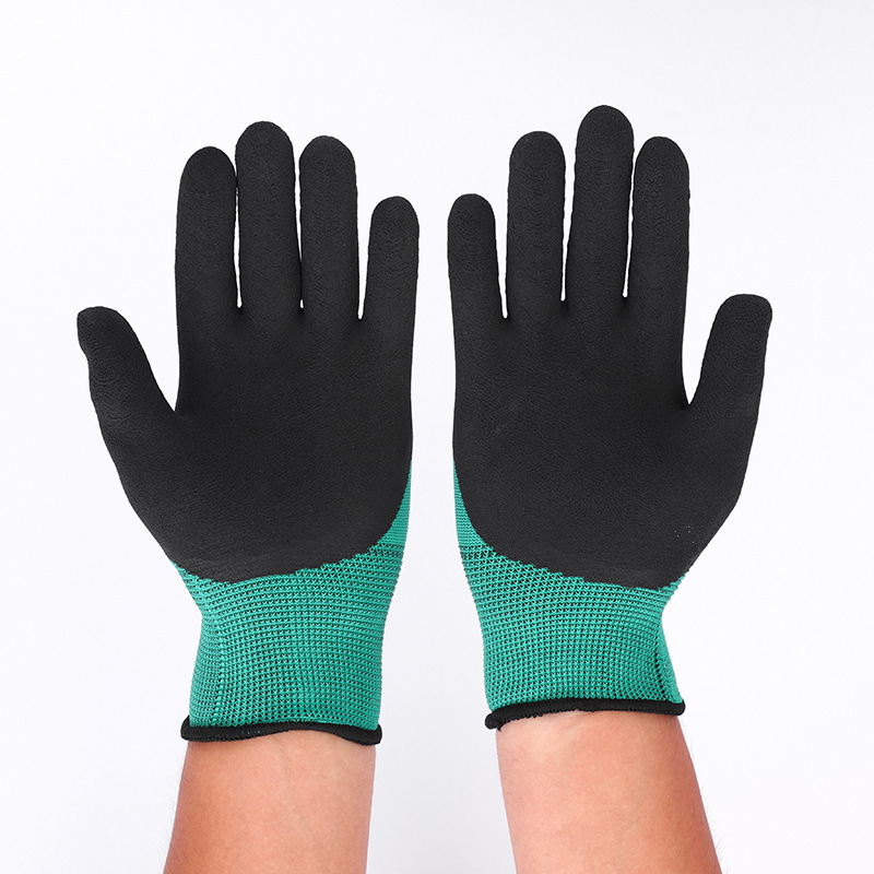 13針綠紗黑髮泡王手套乳膠發泡半掛手套防滑耐磨透氣防護勞保手套