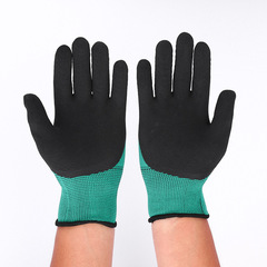 13針綠紗黑髮泡王手套乳膠發泡半掛手套防滑耐磨透氣防護勞保手套