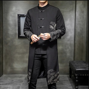 Spring and Autumn Men's Trendy Mid-Length Han Dynasty Embroidered Windbreaker Tang Suit Chinese Style Fake Two-Piece Retro Casual Jacket