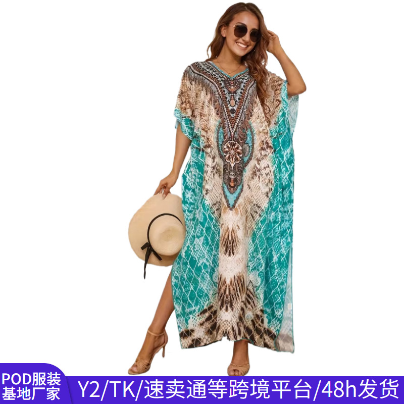 欧美复古风宽松大码连衣裙时尚海边度假浴袍凉爽速干沙滩裙女装