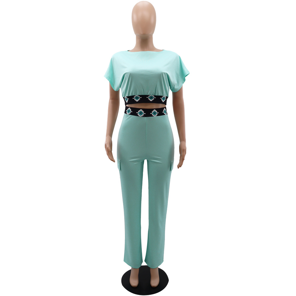Casual Short Sleeve Coat Women Summer Solid Color All Matching Loose Straight Trousers Two Piece Set